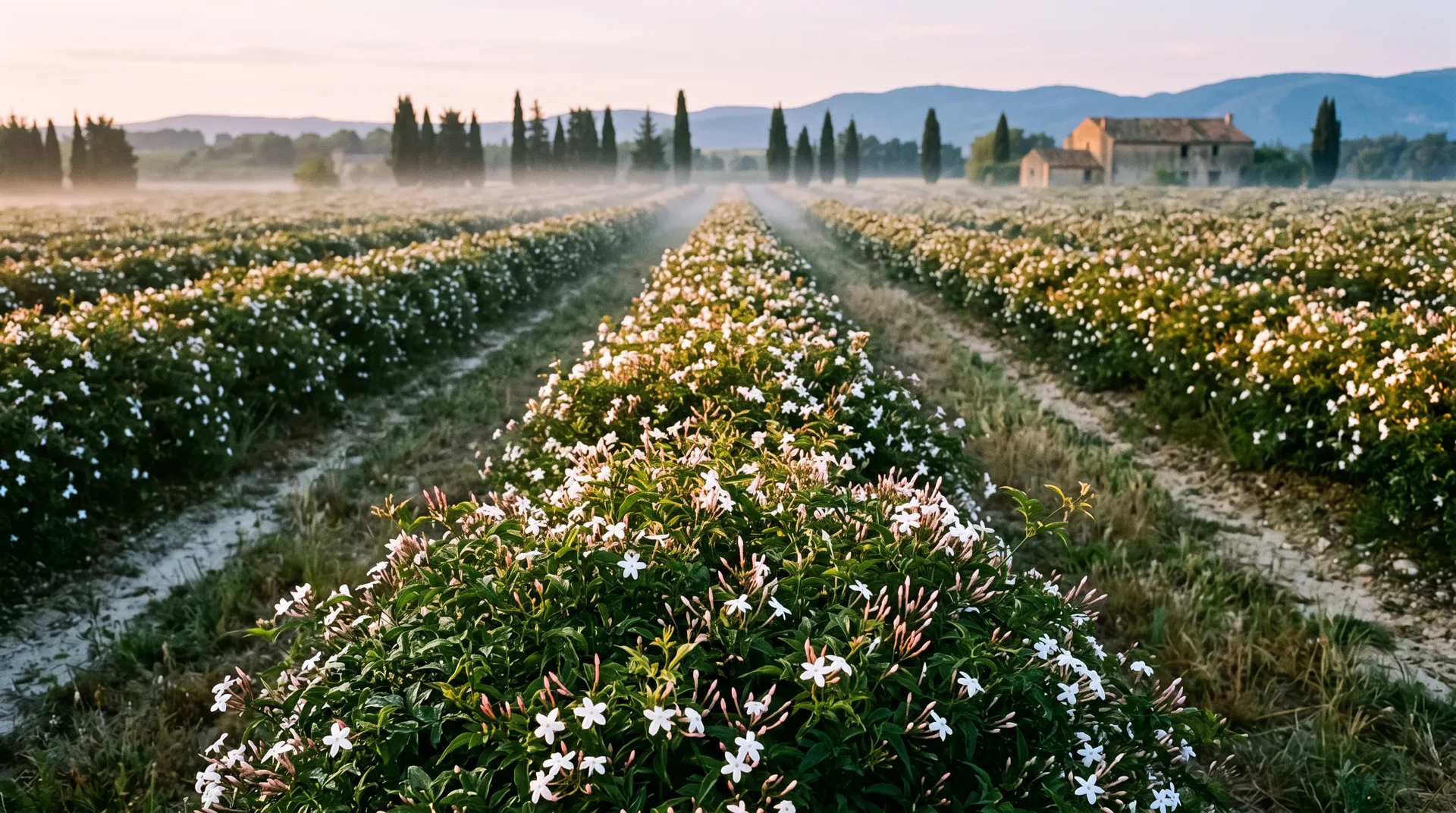 Long rows of jasmine bushes in white blossom at dawn, mist between the rows, cypress trees and a stone farmhouse far away