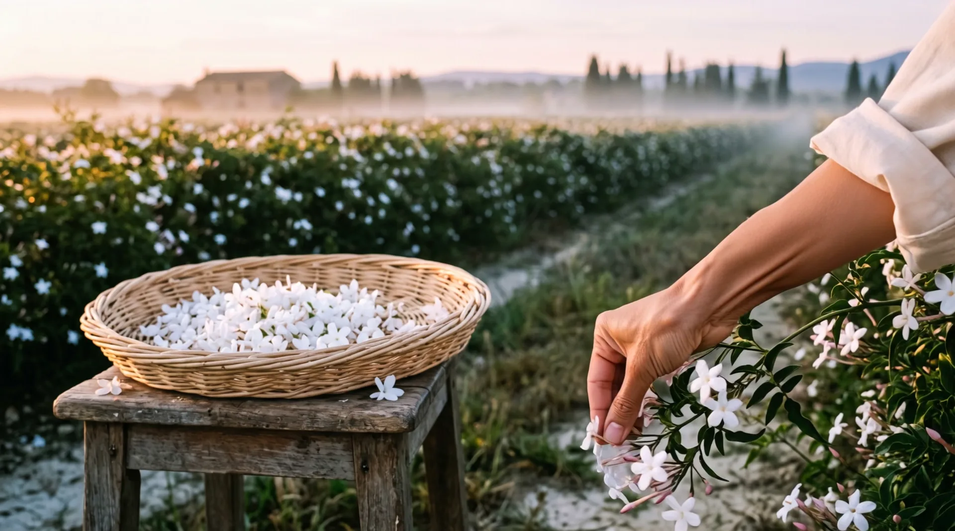A hand picks a white jasmine blossom from a branch; beside it a wicker tray full of blossoms stands on an old wooden stool