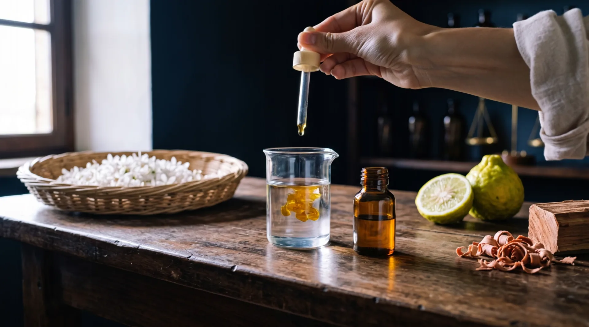 On a dark workbench a hand holds a dropper over a glass beaker; the golden oil opens in the clear liquid. Beside it: a tray of jasmine, a cut bergamot, cedar shavings
