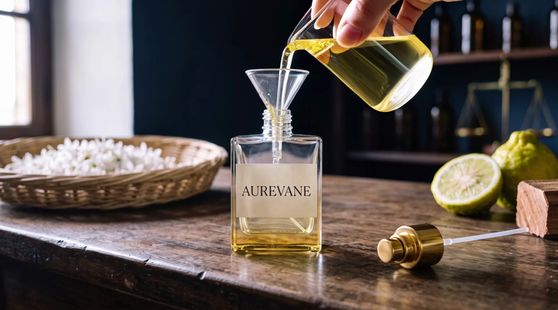 A hand pours golden perfume from a beaker through a glass funnel into a square bottle labelled Aurevane
