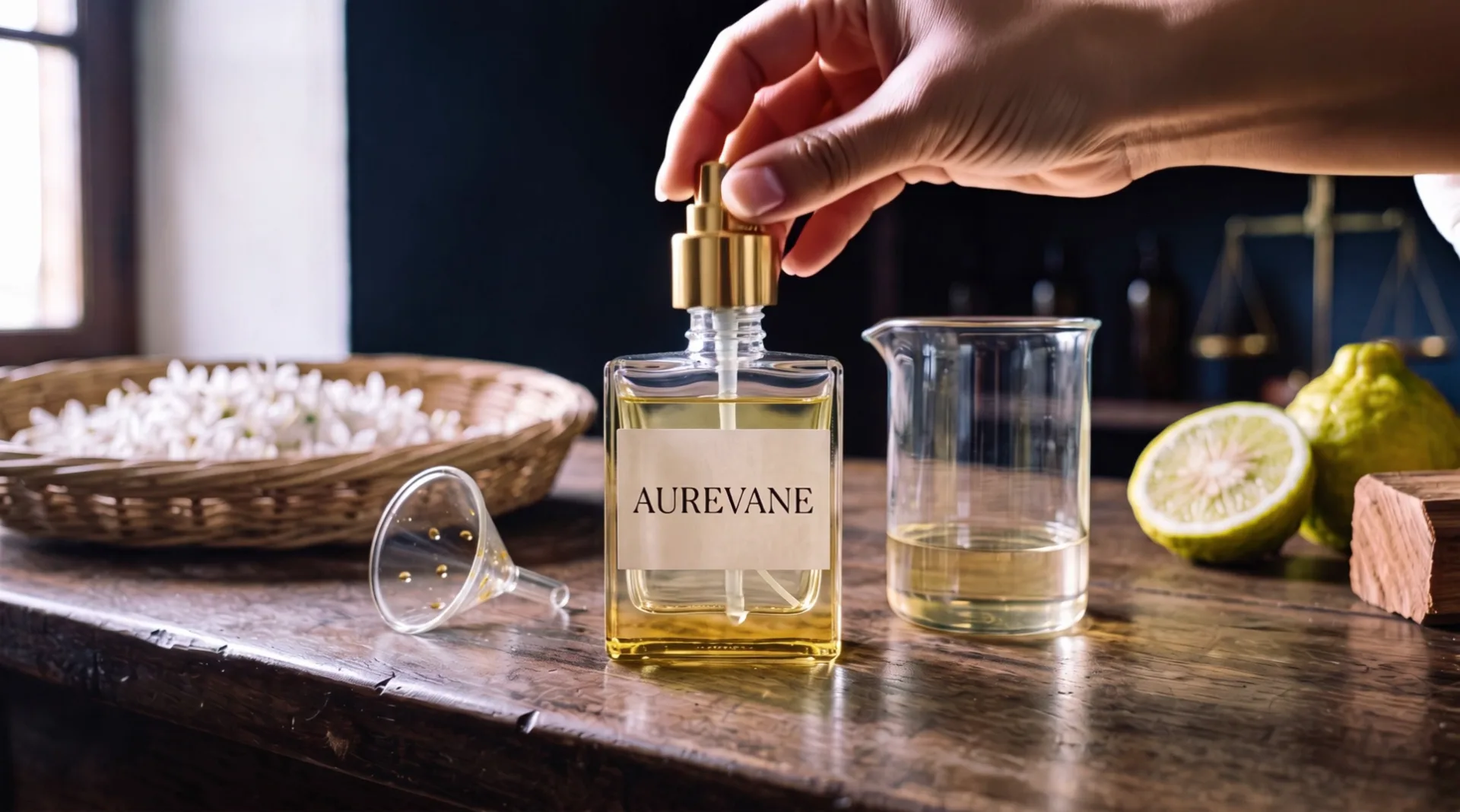A hand presses a gold spray pump onto the neck of the full bottle; the glass funnel lies beside it on the bench