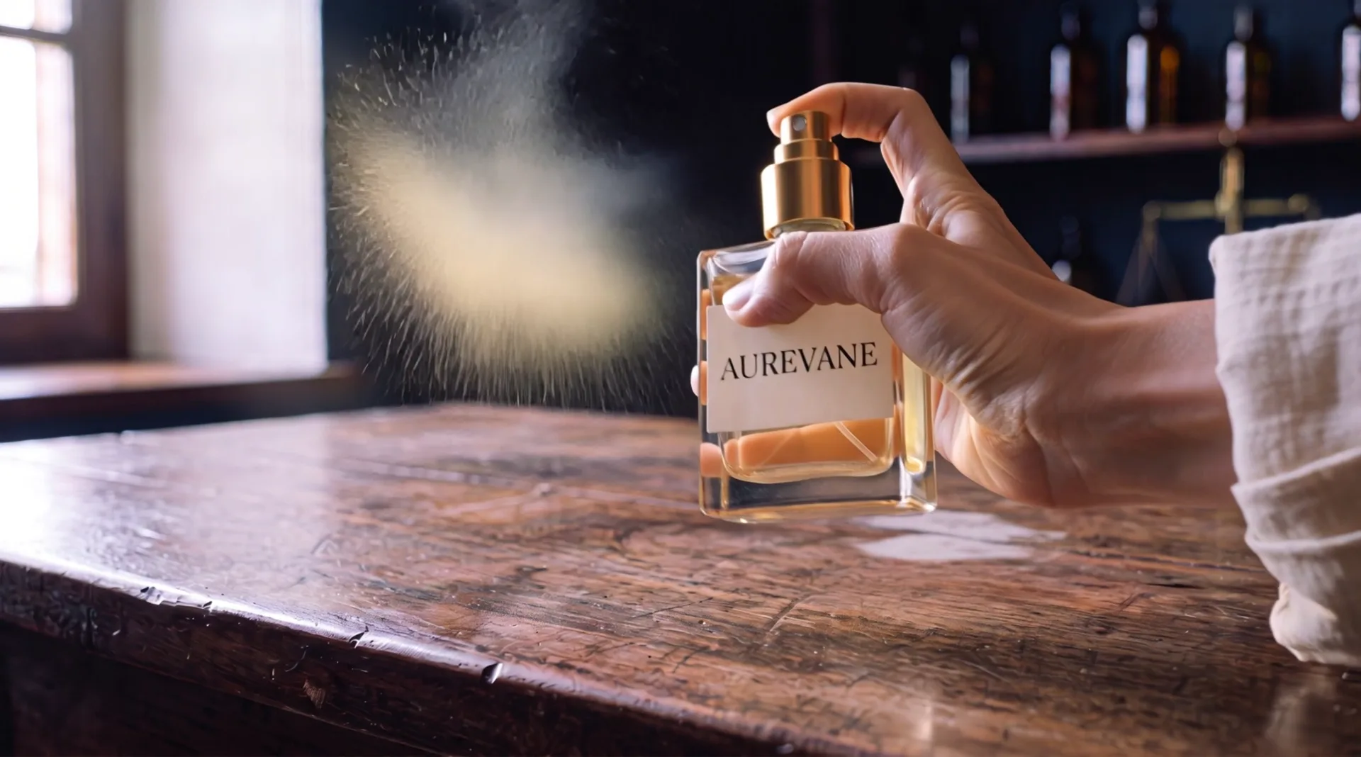 A hand holds the bottle and presses the pump: a cloud of mist lights up in a beam of sunlight in the dark atelier