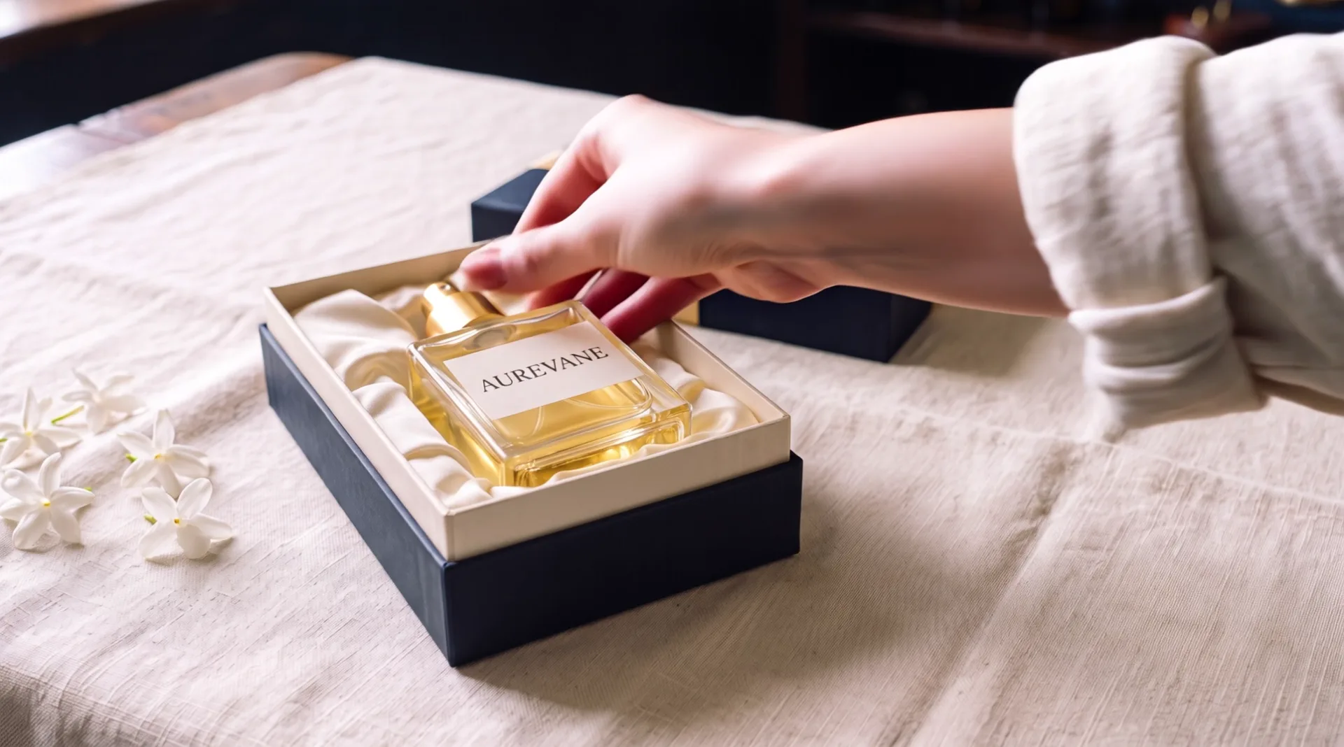 On a linen cloth a hand lays the bottle into a midnight box lined with ivory silk; the lid with a gold ribbon lies behind
