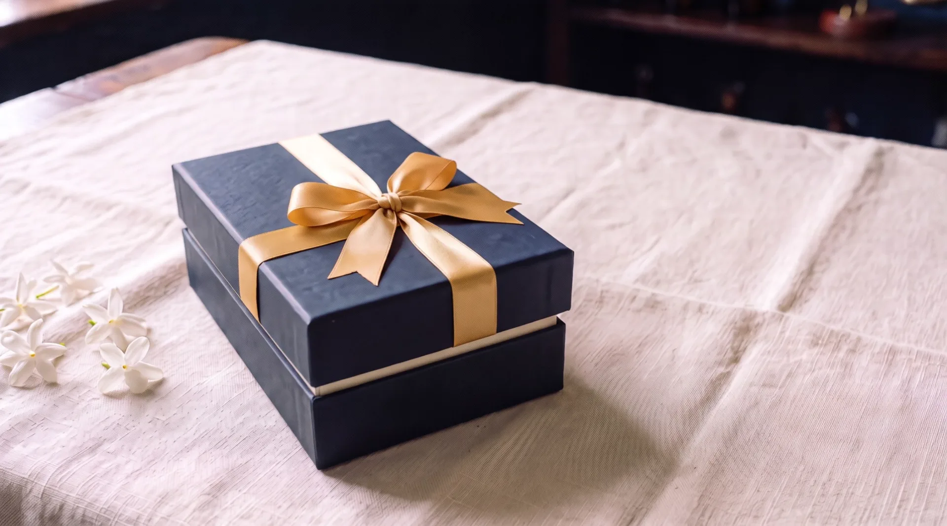 The closed midnight box on the linen cloth, a gold satin ribbon and bow on its lid, a few jasmine blossoms beside it