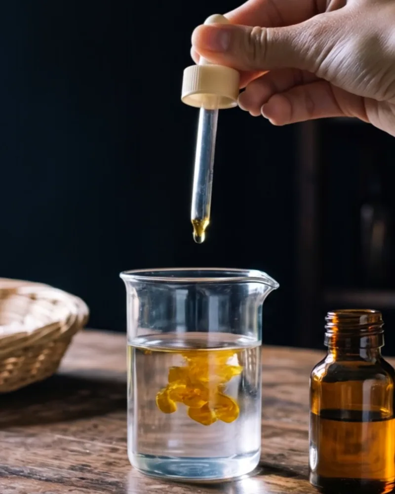 A dropper over a glass beaker, the golden oil opening in the clear liquid