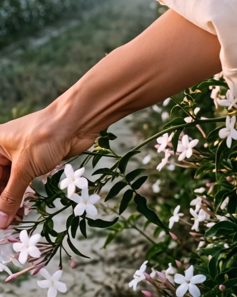 A hand takes a white blossom from the branch