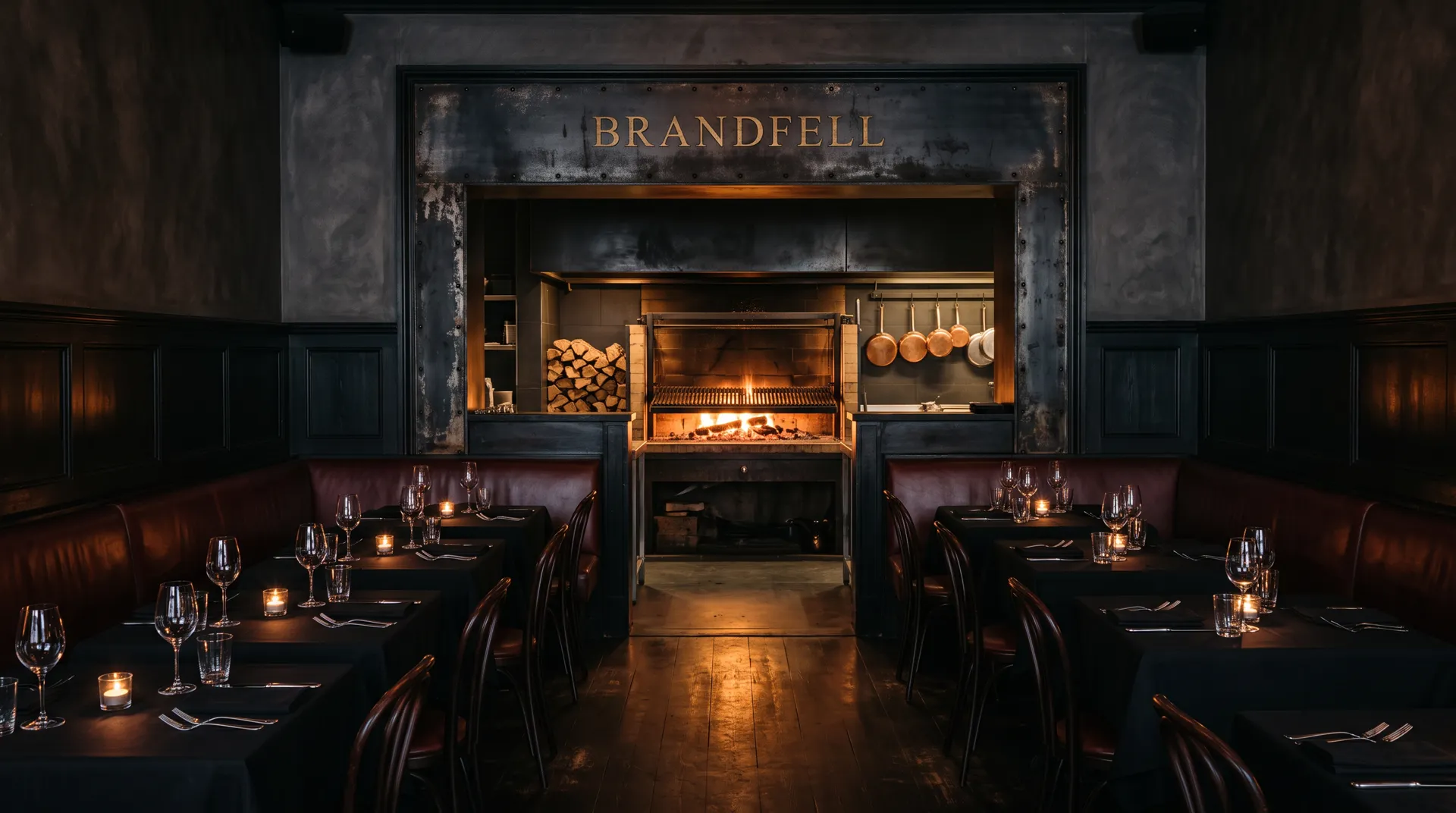 A dark dining room laid for dinner; at the end of the aisle an open kitchen with a wood fire, and over it the name Brandfell in brass letters