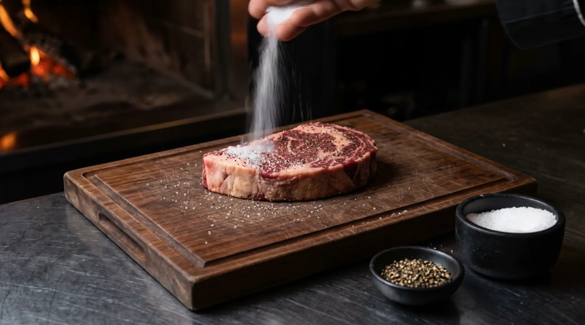Sea salt rains from a hand held high onto a thick ribeye steak on a walnut board