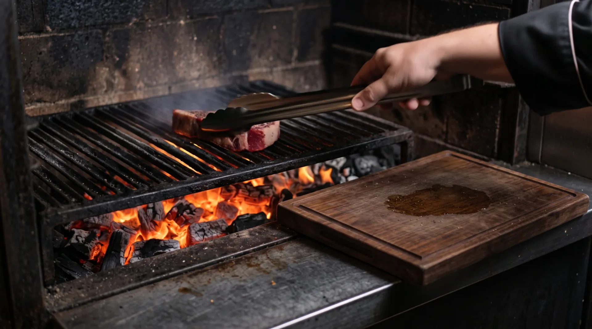 Tongs lay the salted steak on an iron grate over glowing coals; a flame flares beside it