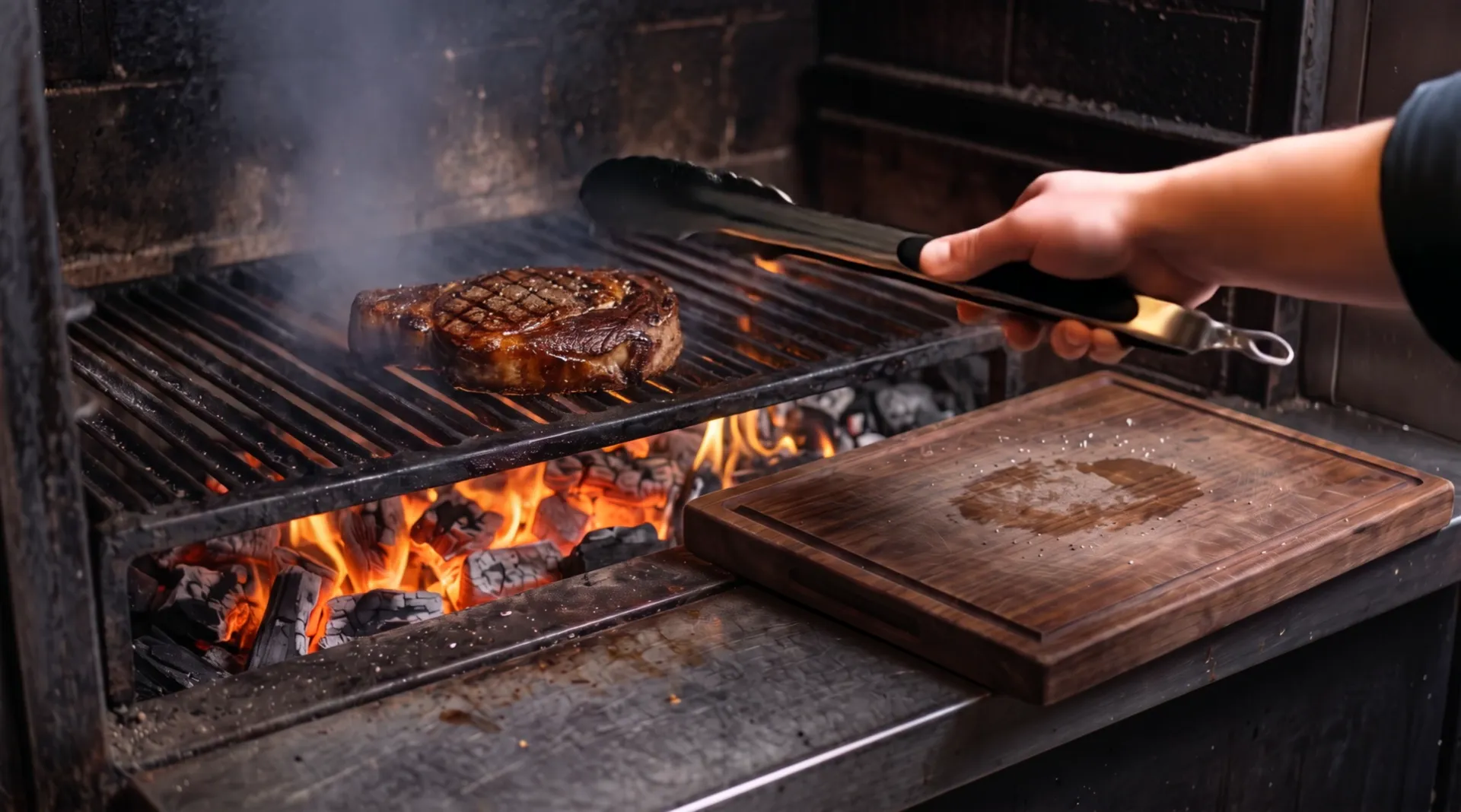 The steak turned over on the grate: a dark crust with crossed grill marks, the tongs just leaving it
