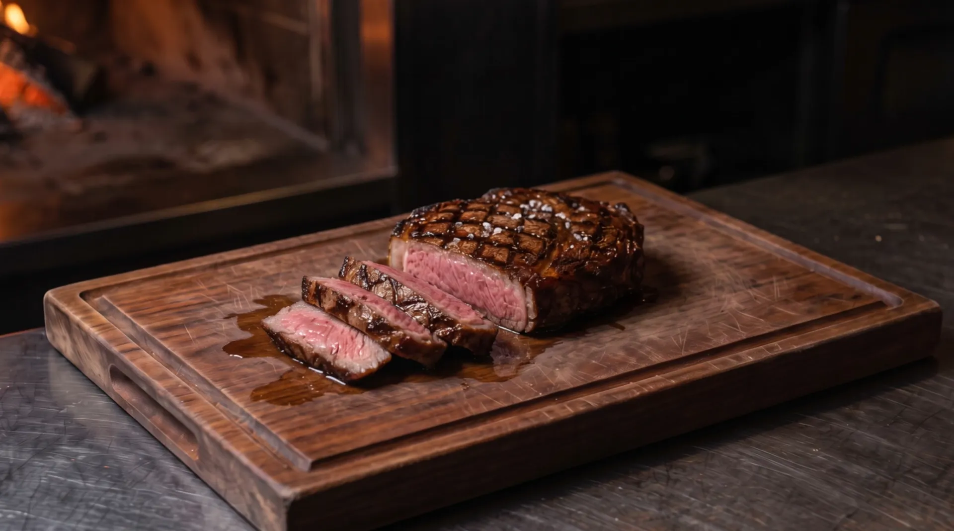 The rested steak on its board with three slices cut from its end, rosy pink inside