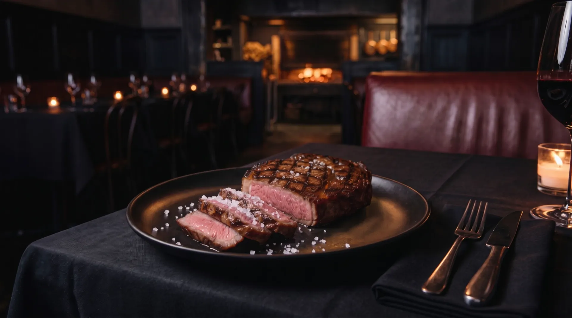Three slices of ribeye and the rest of the steak on a warm black plate with flakes of salt, on a table in the dining room; the kitchen fire glows far behind