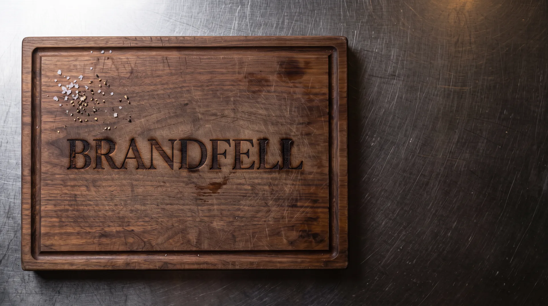A walnut carving board on a steel counter, the name Brandfell burnt into the wood, a pinch of salt and pepper in its corner