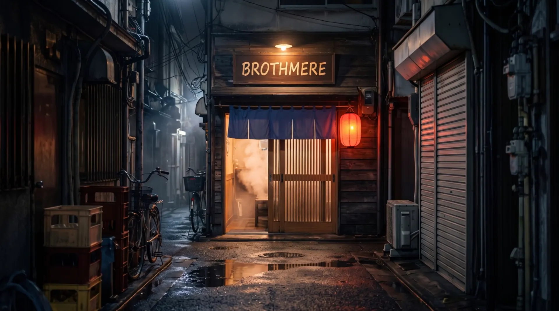 A wet back alley at night; at its end a small ramen shop, a red lantern by the door, steam in the doorway, the sign Brothmere over it