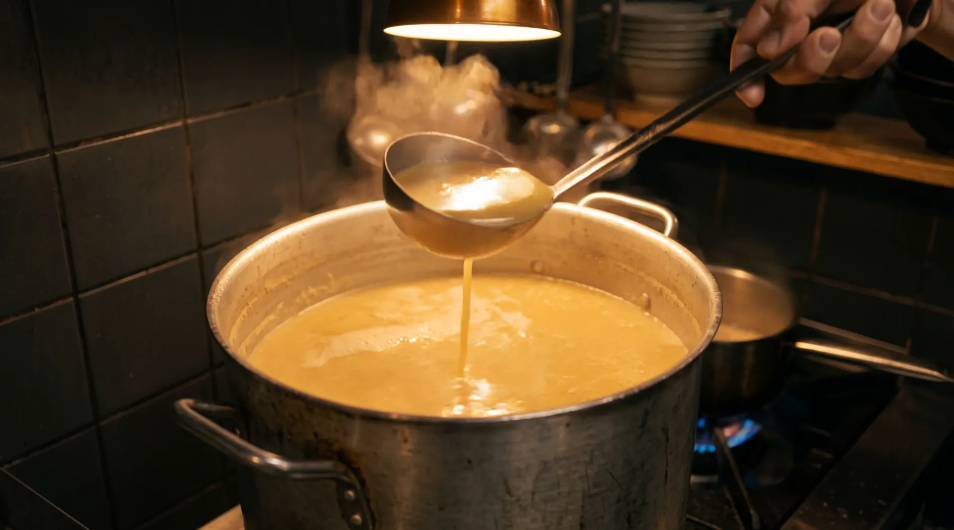 A hand lifts a ladle of creamy broth out of a big steaming stockpot and lets it run back
