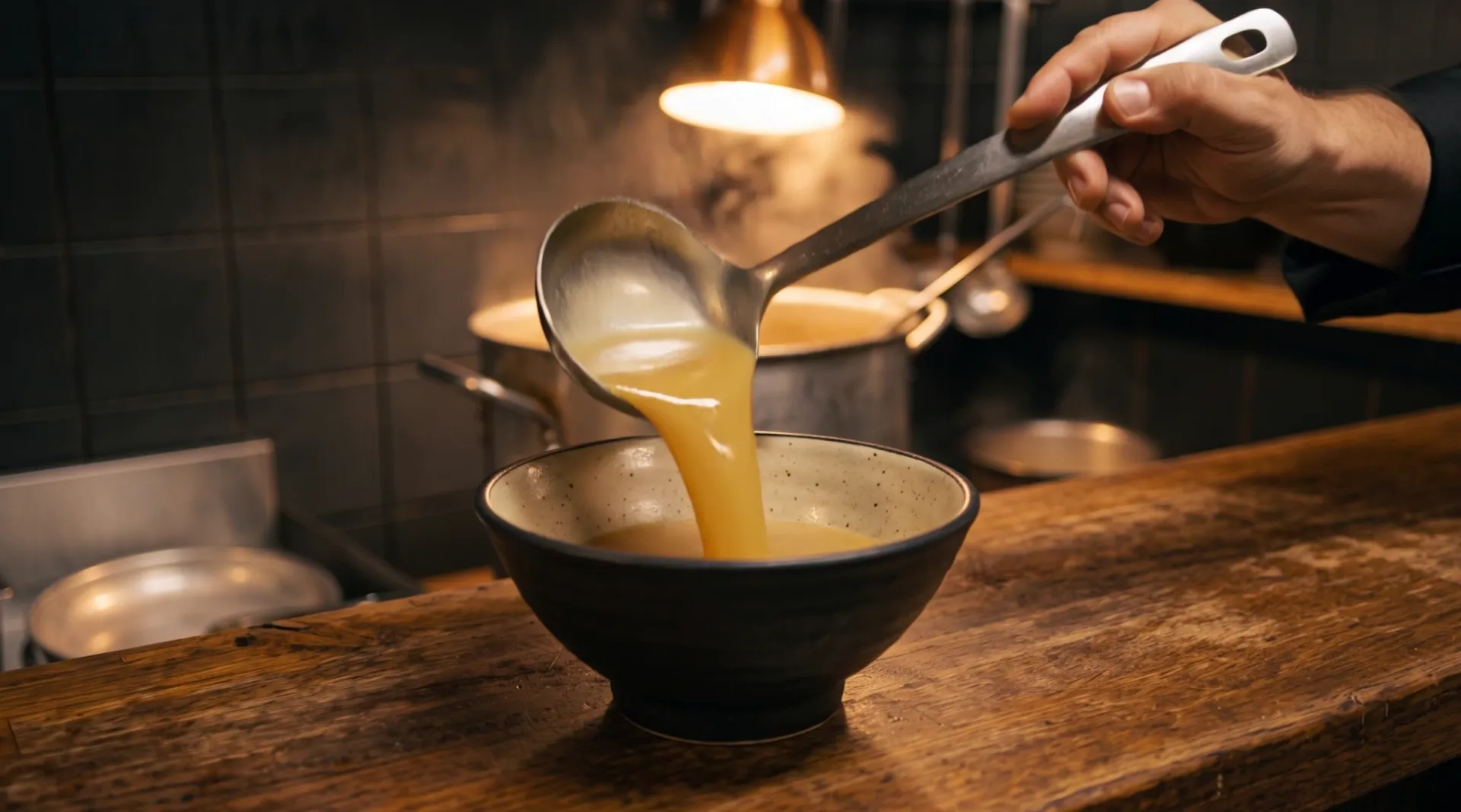 A hand pours a ladle of broth into a dark stoneware bowl on the wooden counter