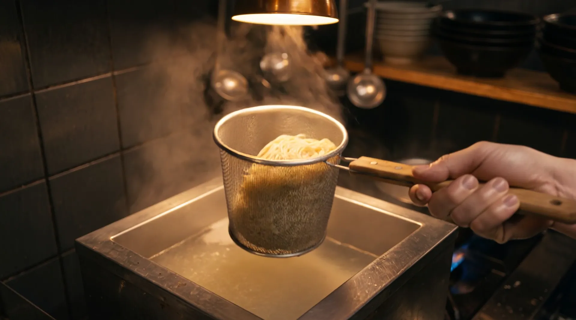 A hand lifts a wire basket of noodles out of boiling water and shakes the water off, steam all around