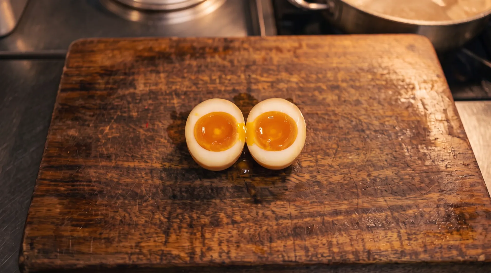 A soft-boiled marinated egg cut in half on a wooden board, the yolk soft and orange