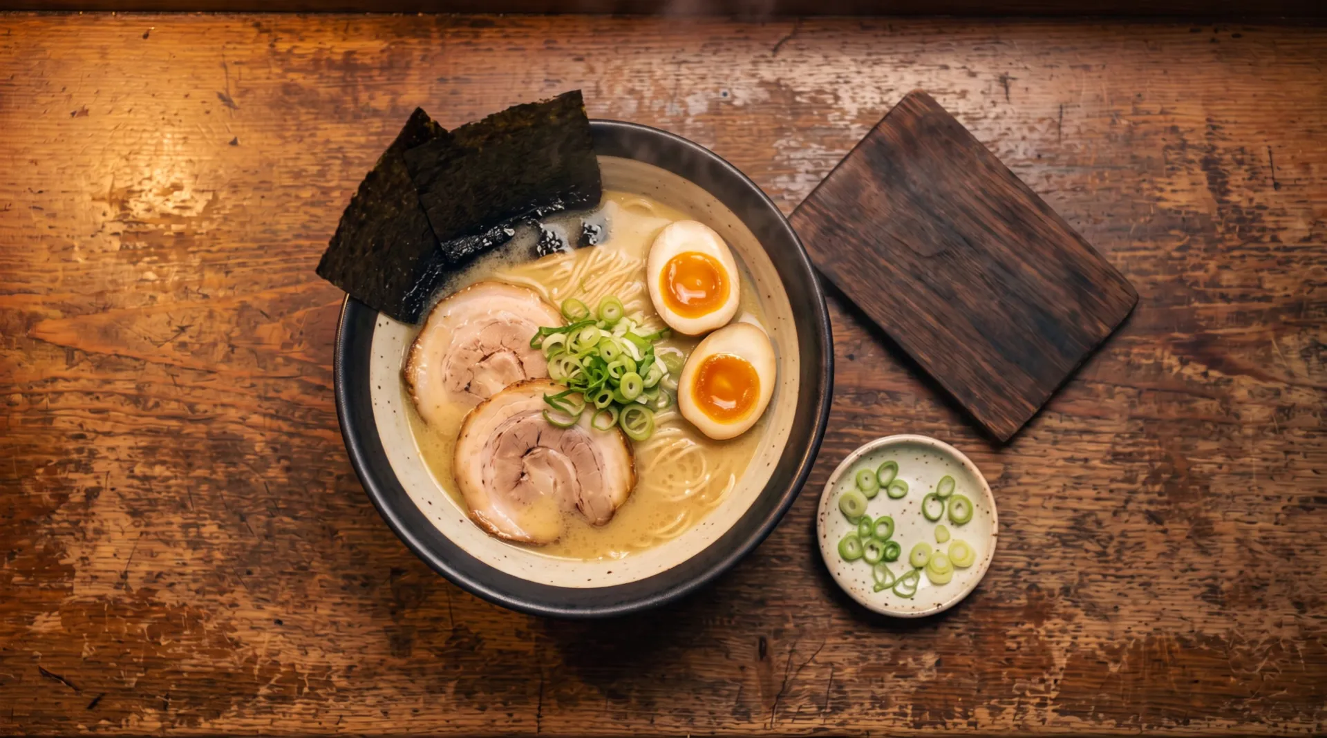 The finished bowl from over it: broth, noodles, two slices of pork, two halves of egg, nori and scallion
