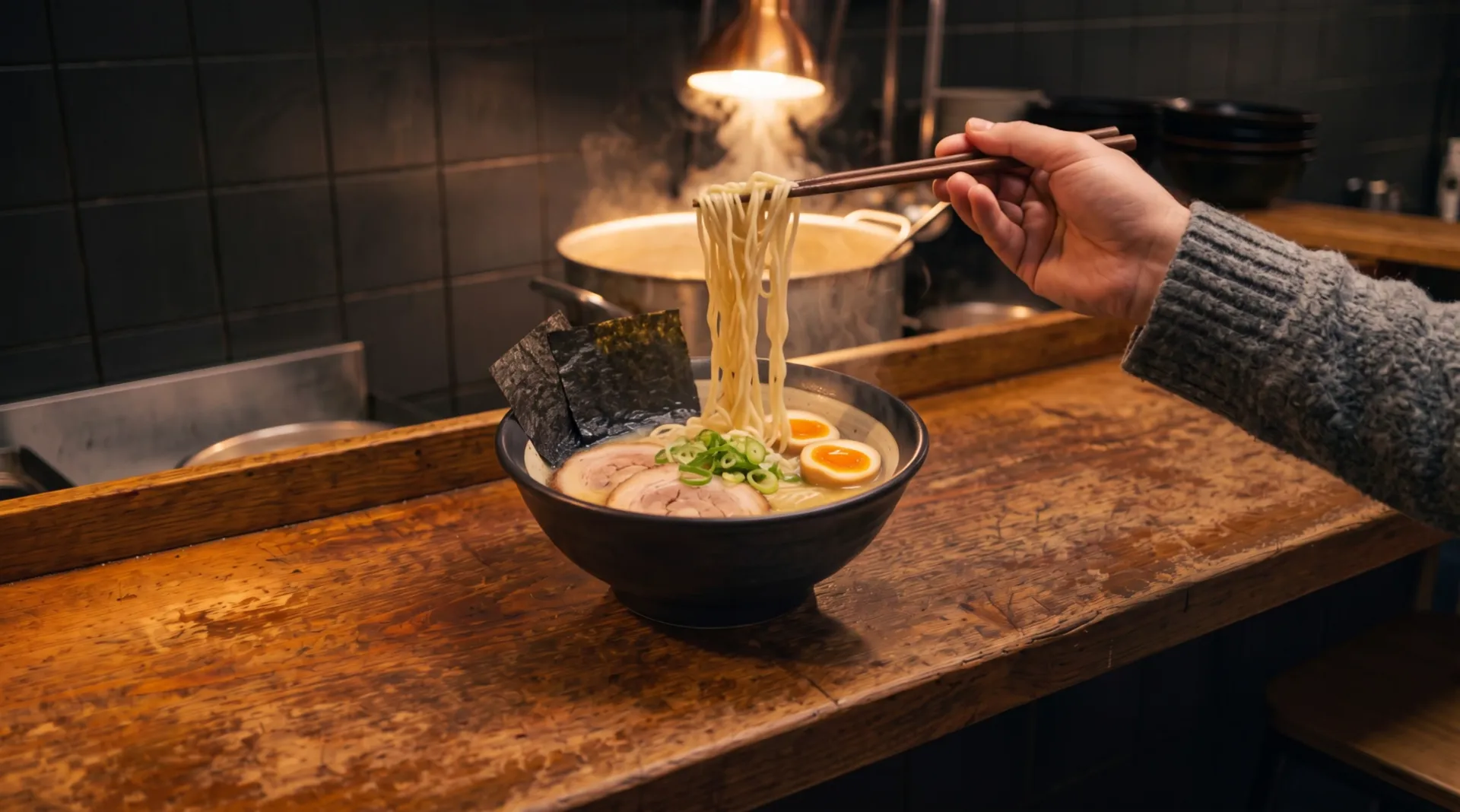 At the counter a guest's hand lifts noodles out of the bowl with chopsticks, steam rising, the stockpot behind