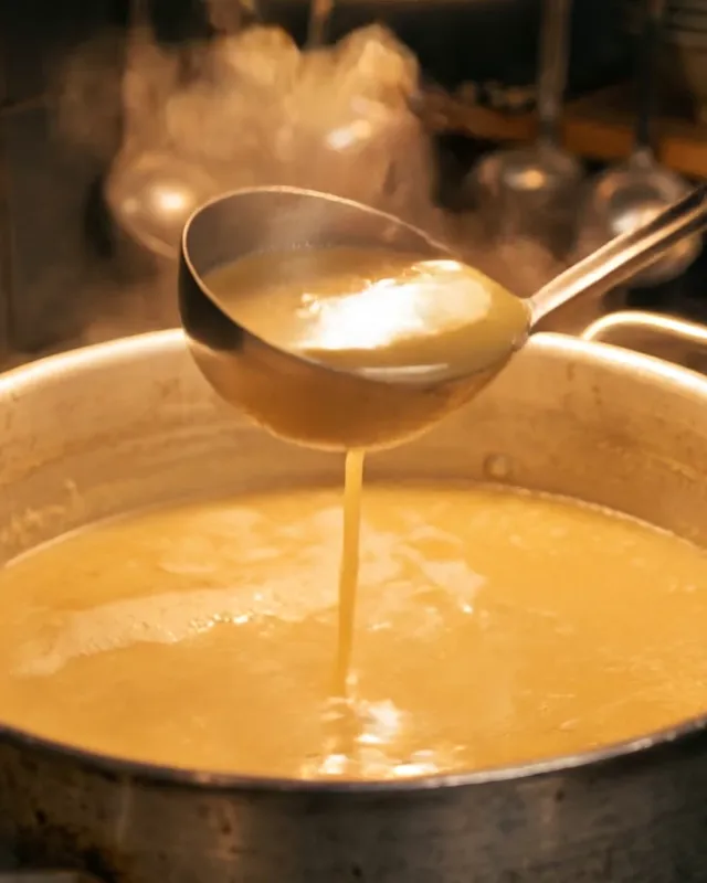 A ladle of creamy broth lifted over the stockpot, a thin ribbon of it running back