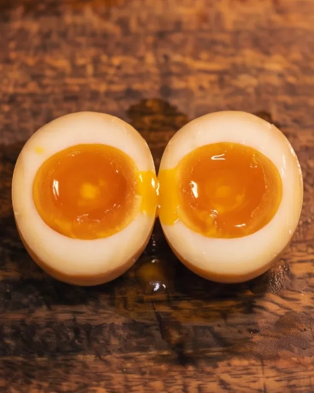 Two halves of a marinated egg on a board, the yolk soft
