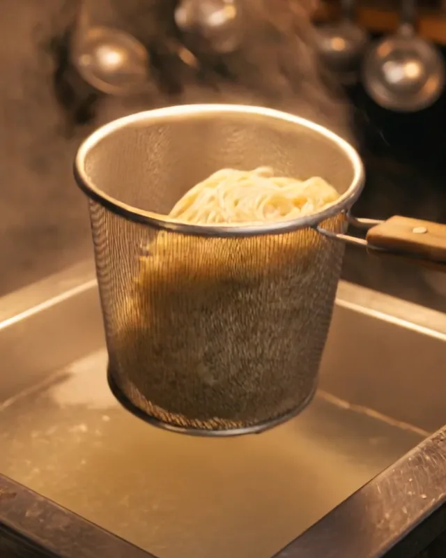 A wire basket of thin noodles held over the boiling water