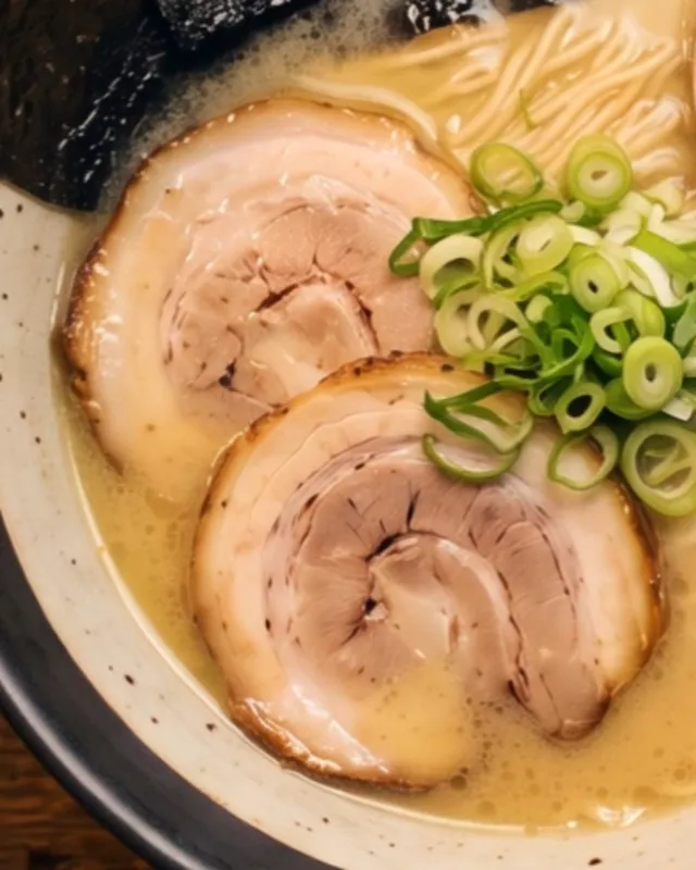 Two round slices of rolled braised pork on the noodles