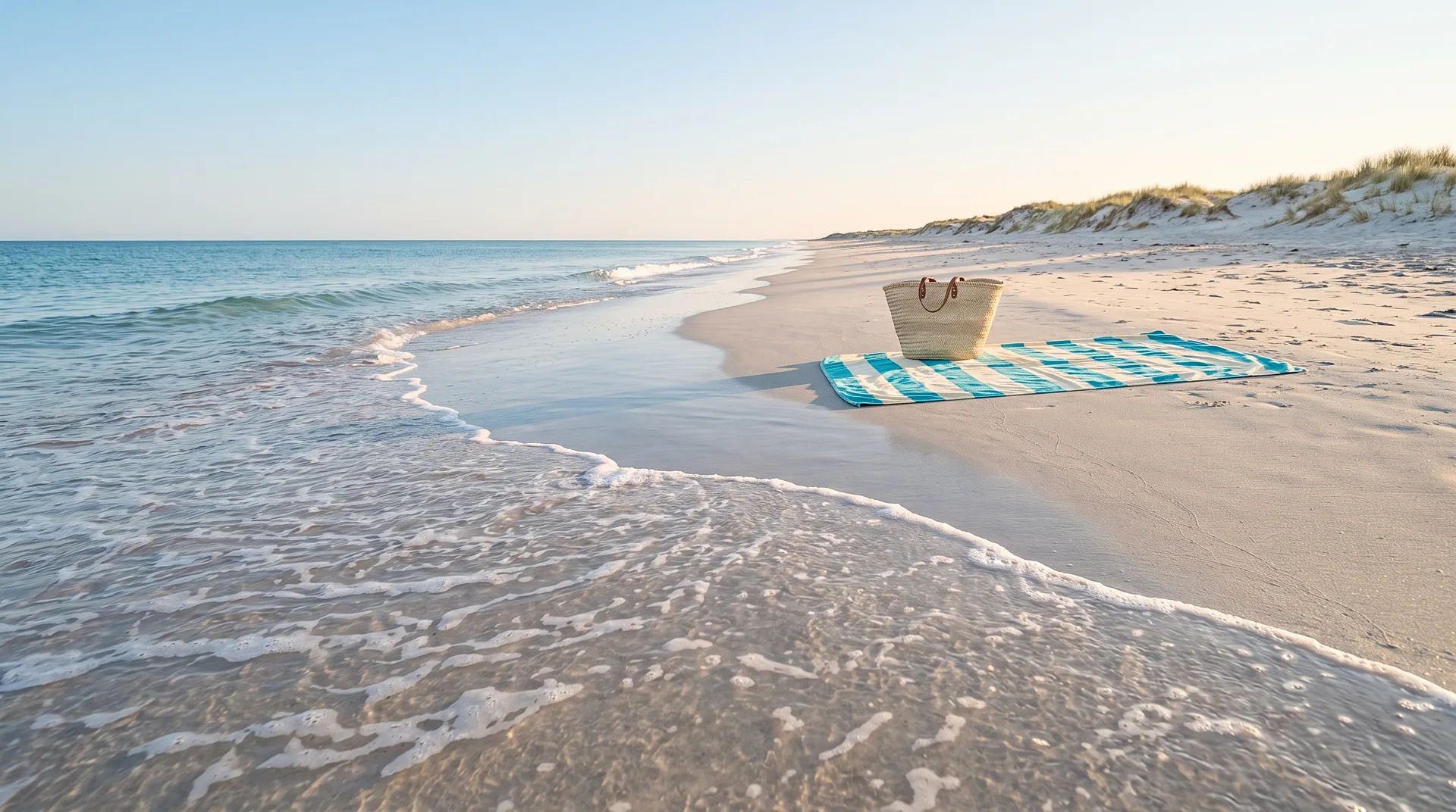 An empty beach early in the morning: thin surf in front, a striped towel with a straw bag on the sand, dunes behind