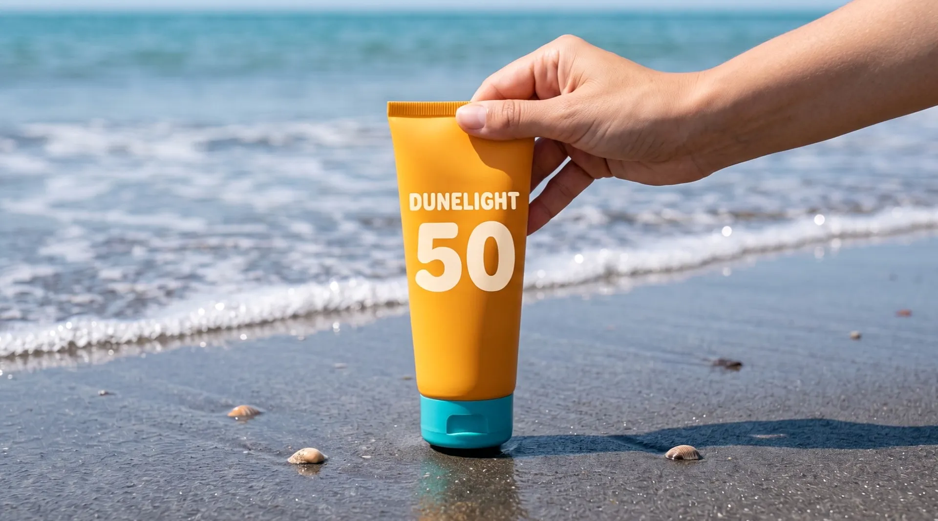 A hand sets the tube down on wet sand at the edge of the sea