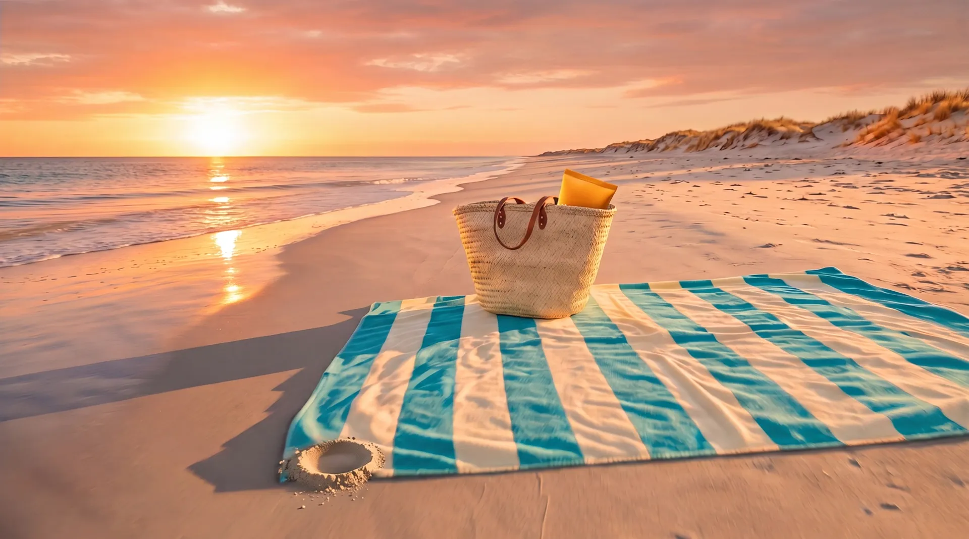 The same beach at sunset: the straw bag on the towel with the orange end of the tube showing, the sun low over the sea