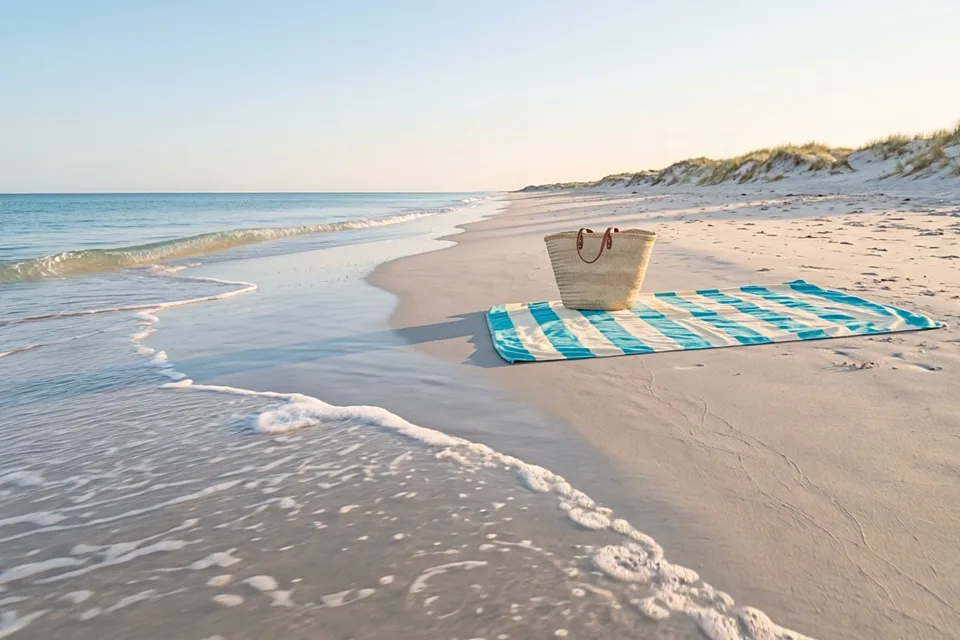 The morning beach: thin surf, the striped towel and the straw bag on the sand