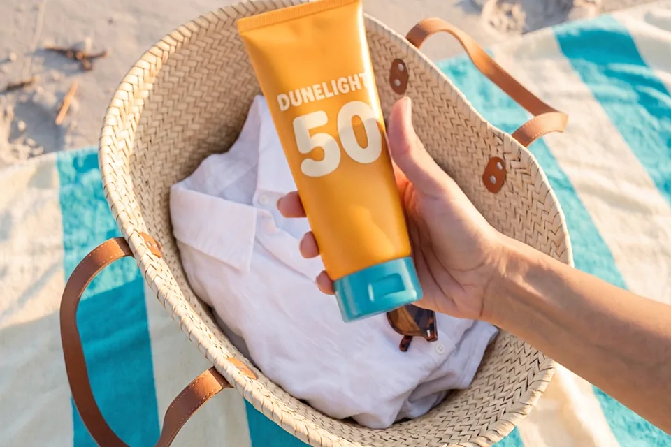 A hand holds the orange tube over the open straw bag