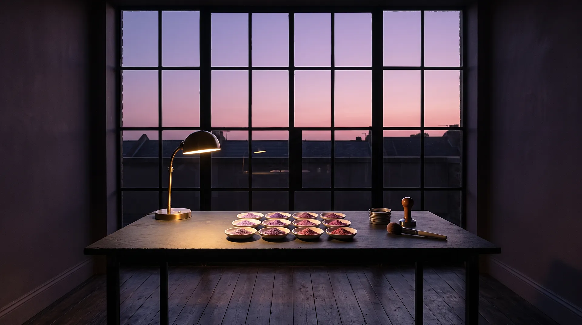 A workroom at dusk: a tall window with a lilac and rose sky, and under it a slate table with a lamp and twelve small dishes of pigment