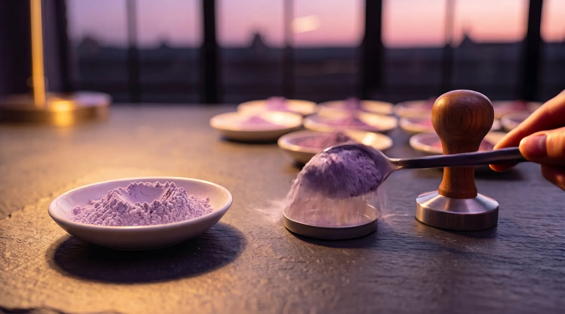 A hand tips a spoon of lilac pigment into a small steel pan: the powder falls in a soft cloud