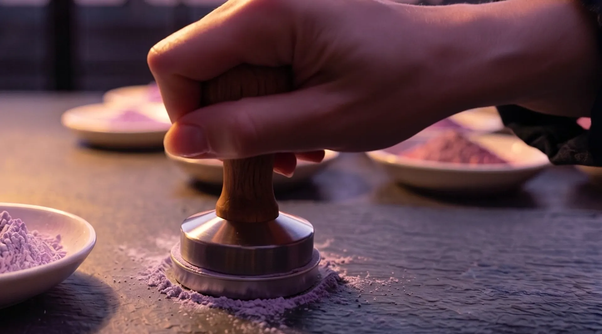 A hand leans on a steel tamper with a wooden knob, pressing the lilac powder flat in its pan