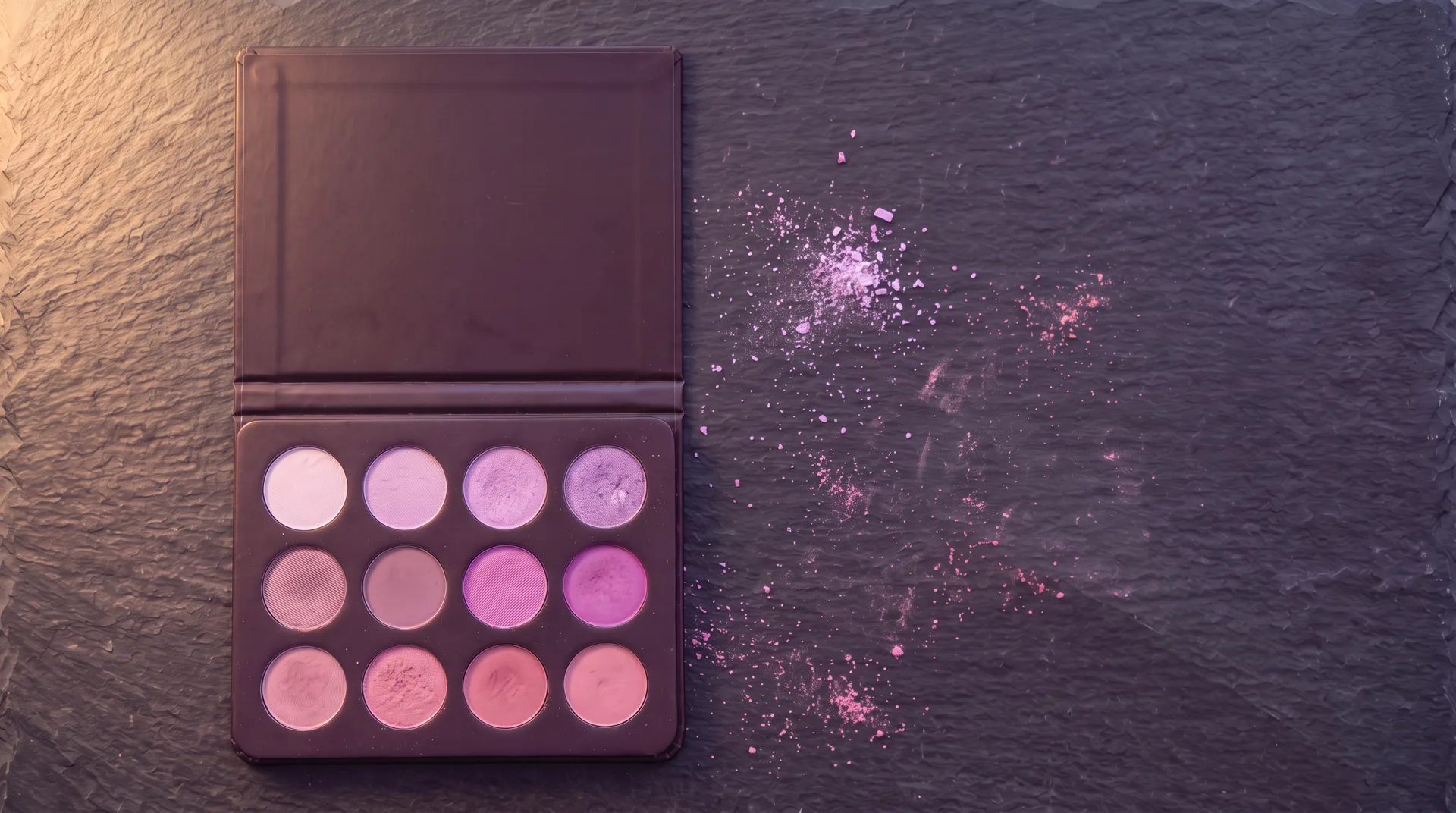The Duskbloom palette opened flat on dark slate: the plain inside of the lid above, twelve pans of pressed eyeshadow below, from pale lilac to rose