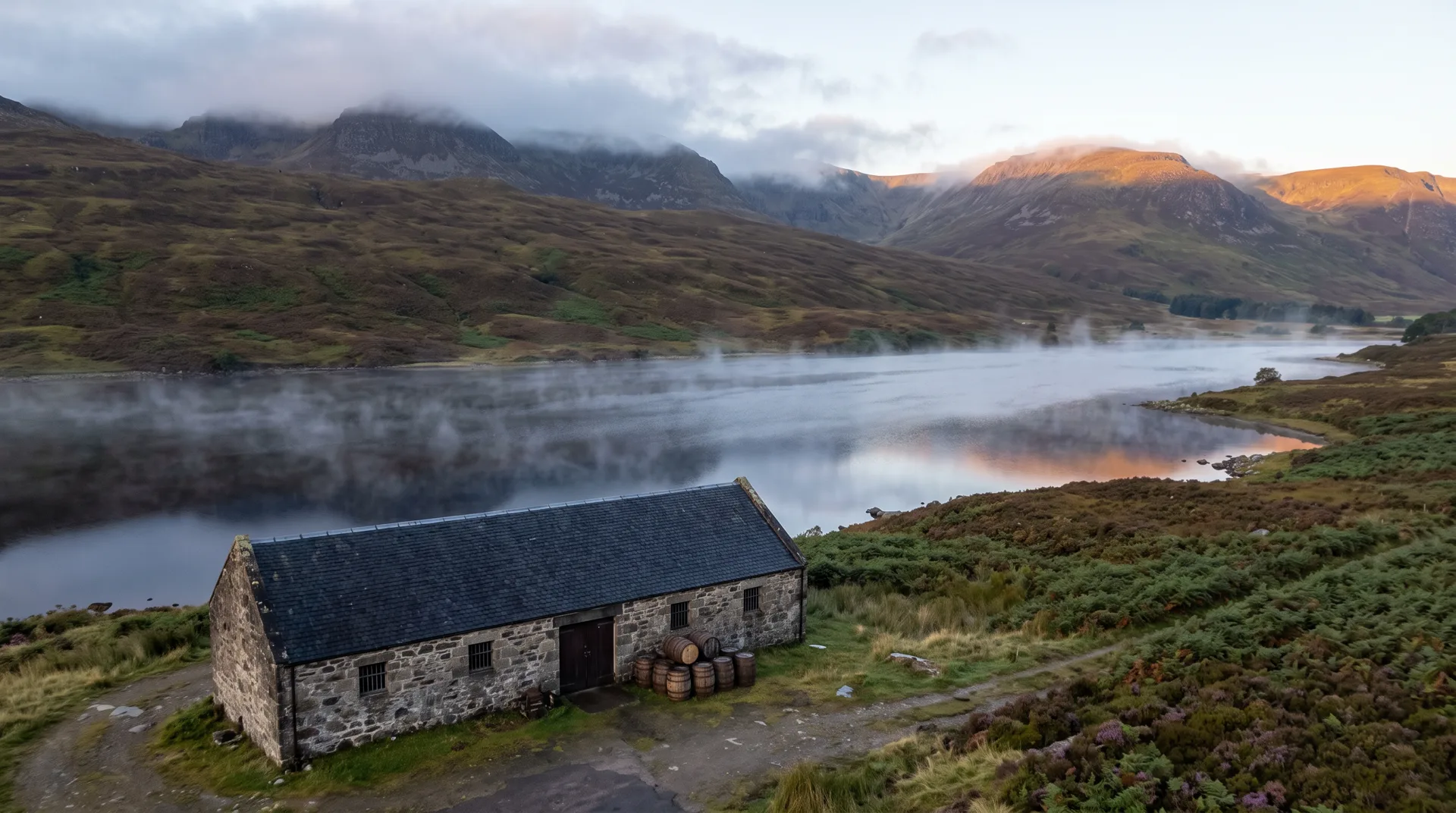 A stone warehouse with a slate roof on the shore of a misty loch at dawn, casks by its door
