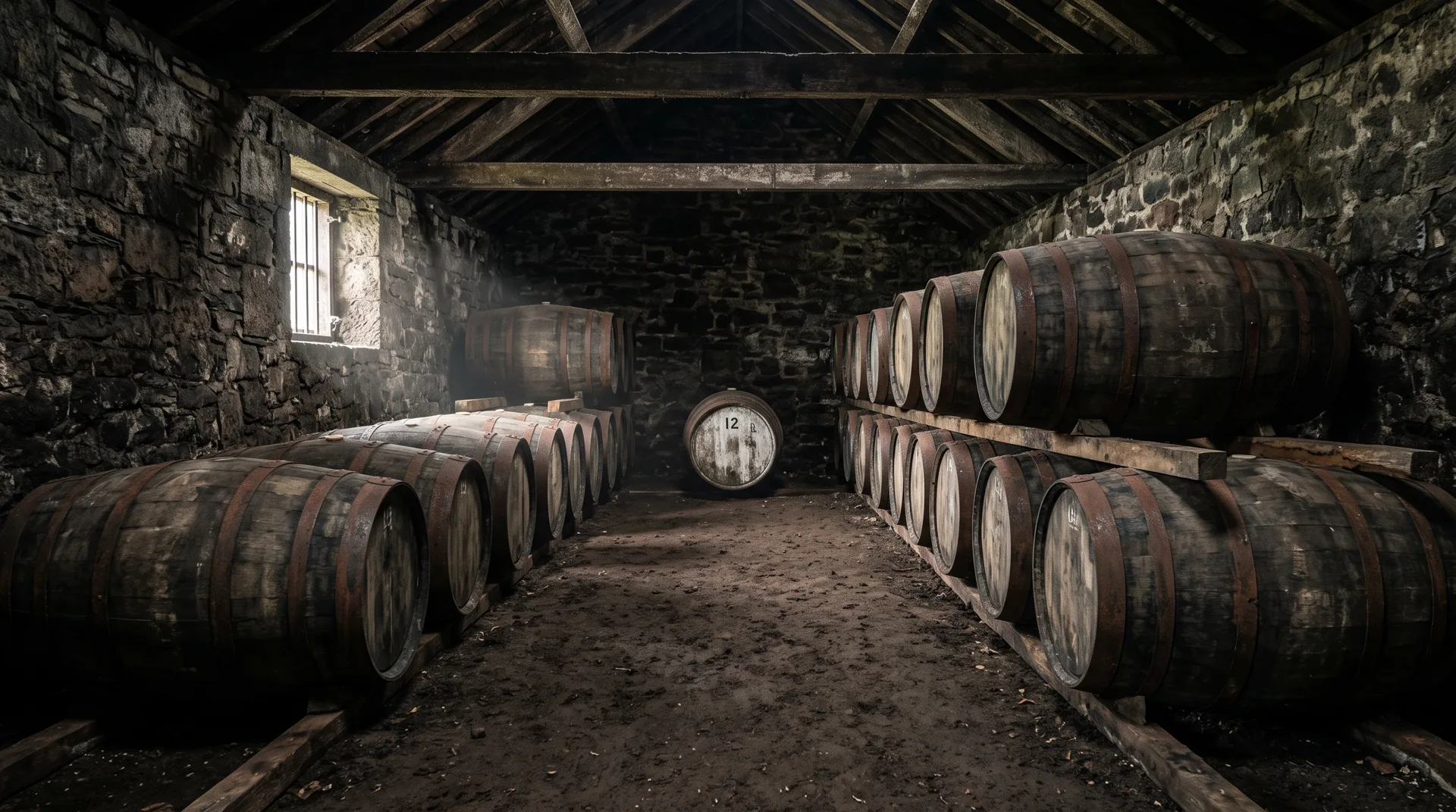 The aisle of a stone warehouse between two racks of oak casks; at its end a cask marked 12