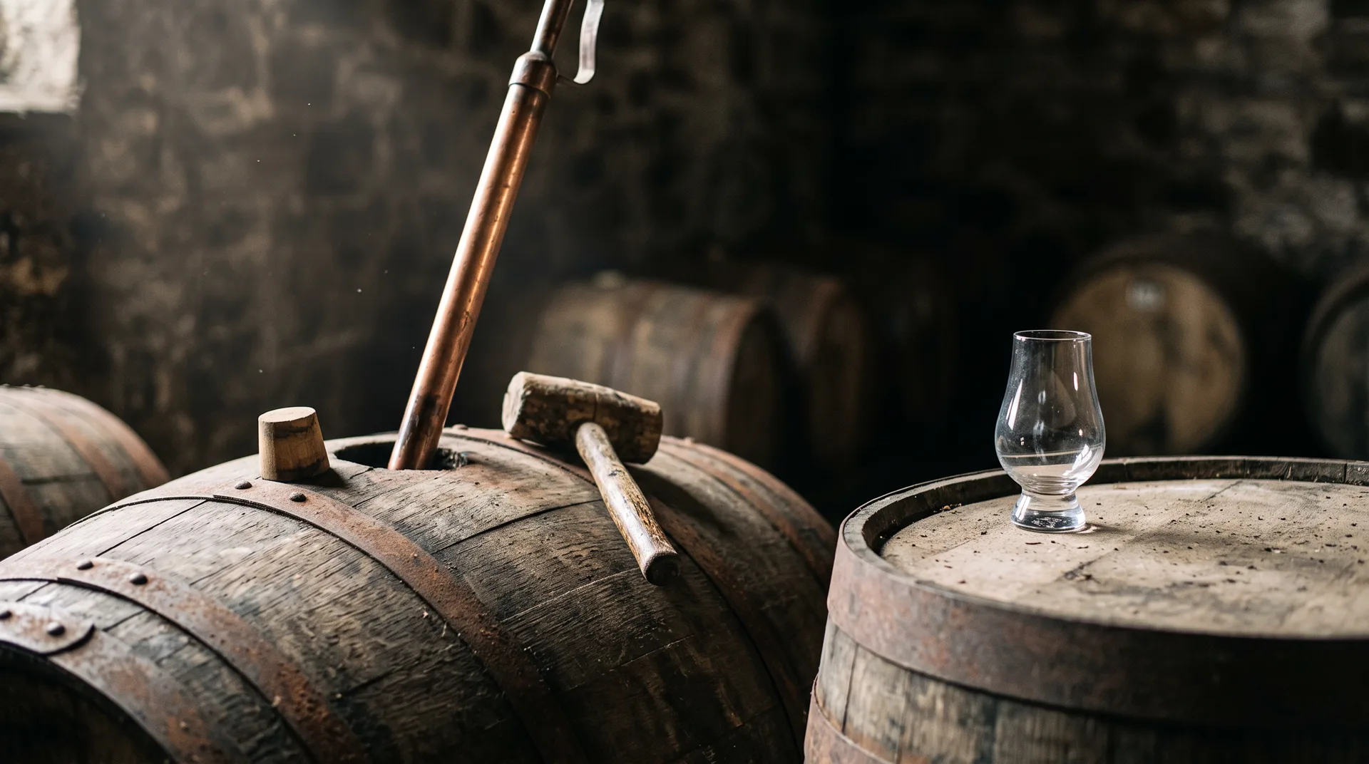 A copper sampling thief stands in the bung of an oak cask; a nosing glass waits on the head of the next cask