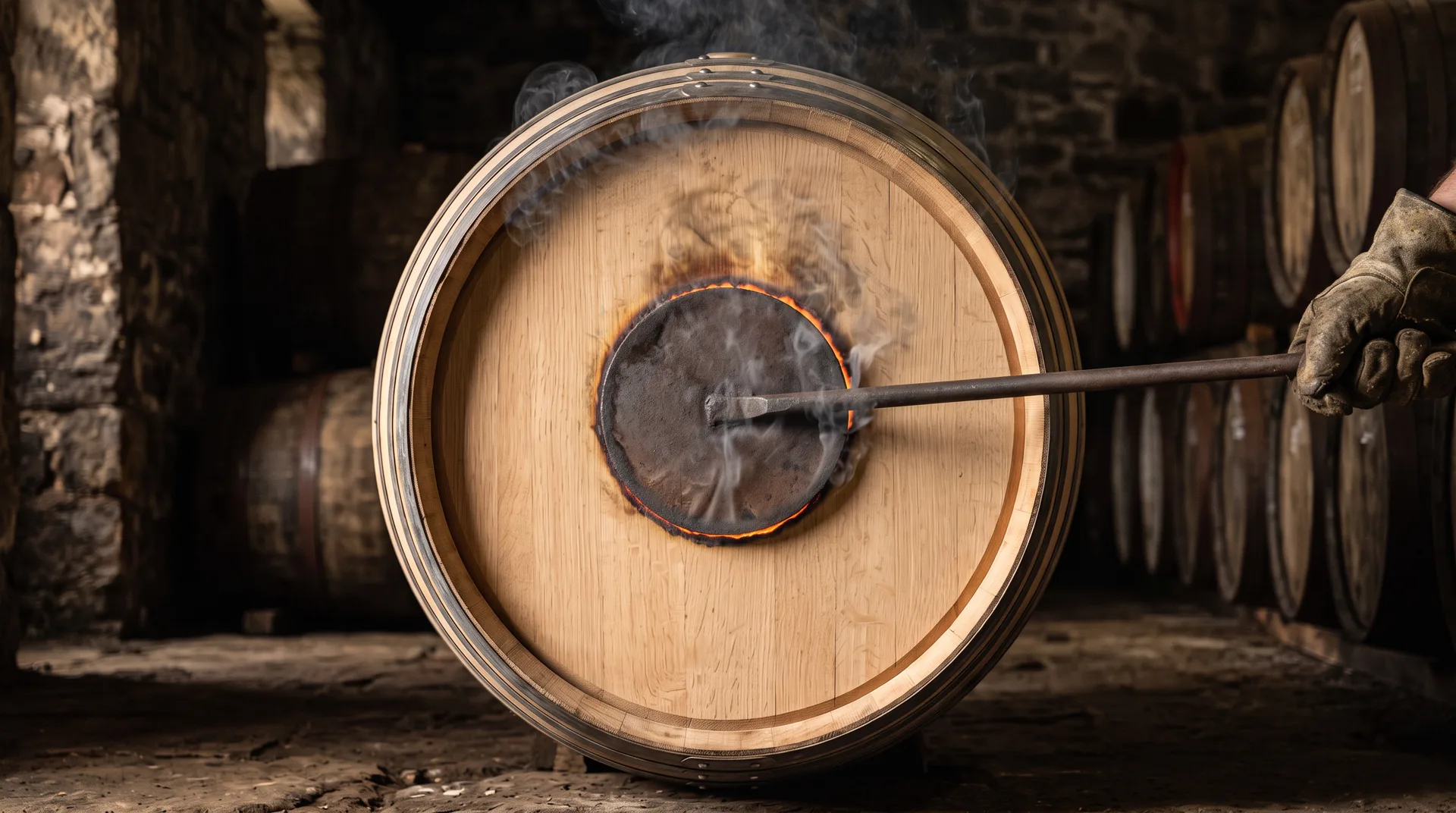 A gloved hand holds a hot branding iron to the head of a new oak cask
