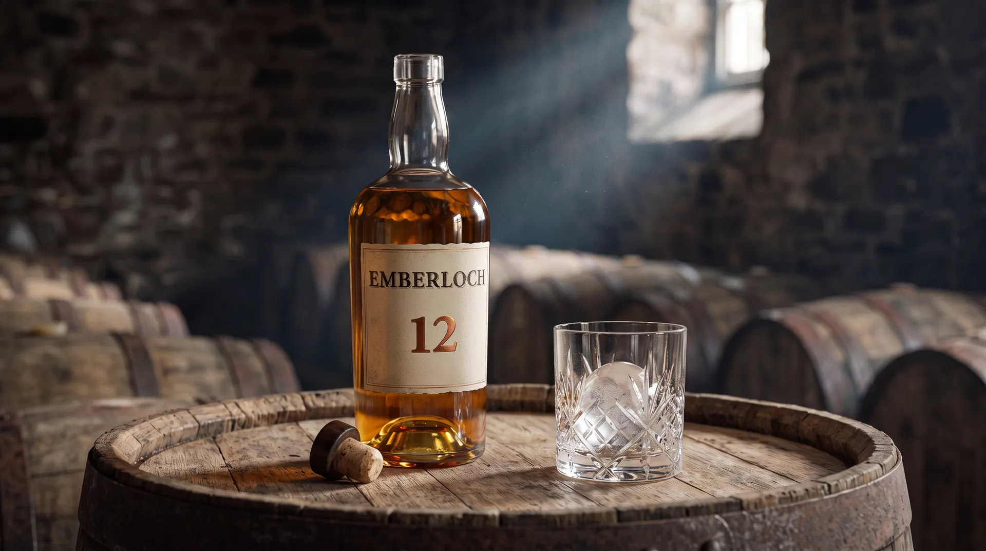 A bottle of Emberloch 12 and a cut tumbler with a ball of ice on the head of a cask, a shaft of light from the window behind