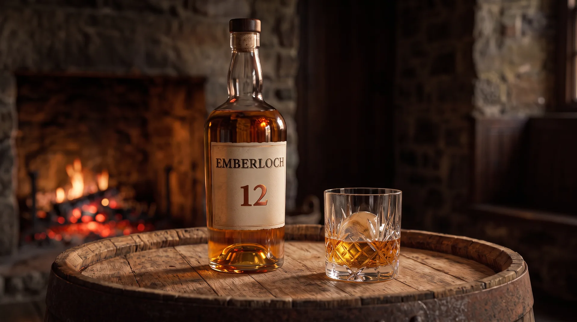The bottle of Emberloch 12 and a tumbler of whisky over ice on a cask, a fire burning in the hearth behind