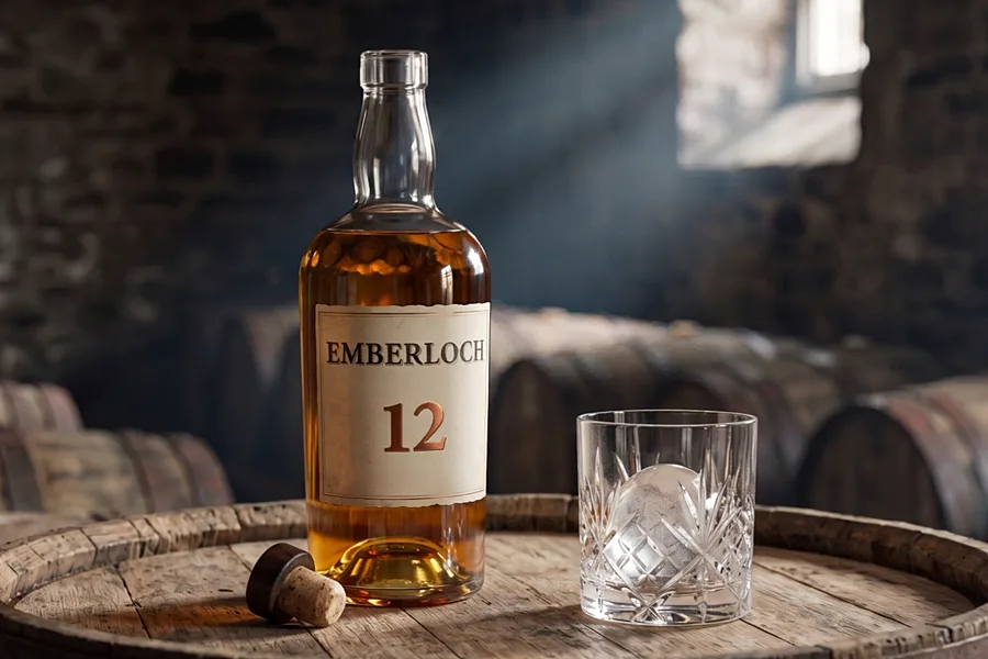 A bottle of Emberloch 12 and a cut tumbler with a ball of ice on the head of a cask