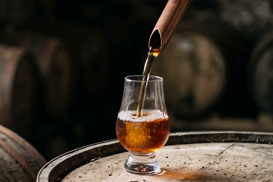 A nosing glass of whisky on the head of a cask, the copper thief still over it