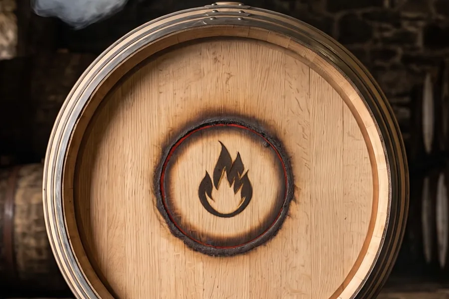 The head of a new oak cask with the brand burnt into it: a flame in a ring