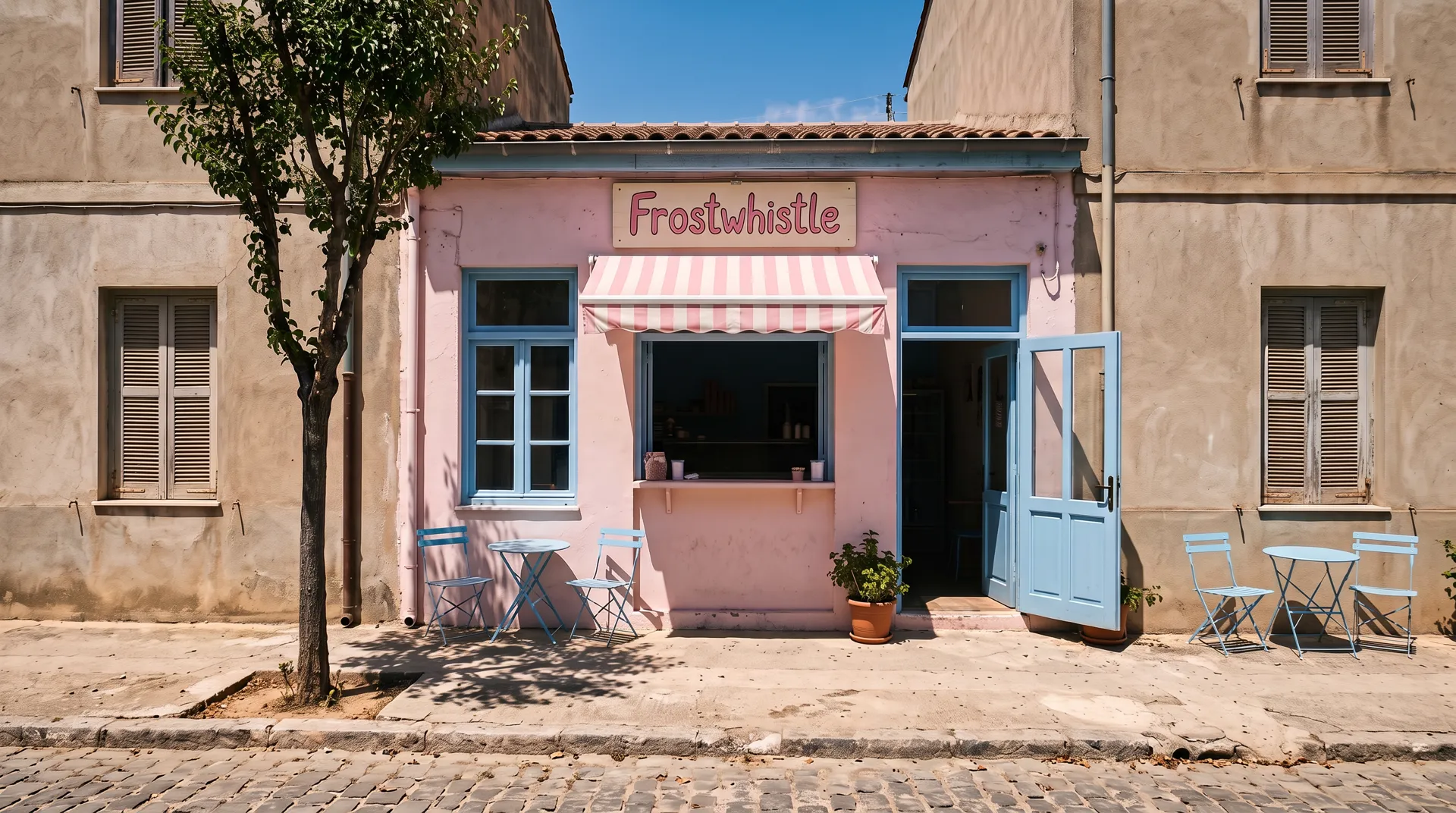 A small pink ice-cream café on a sunny street: a striped awning over its serving window, a sign that reads Frostwhistle, blue chairs on the pavement