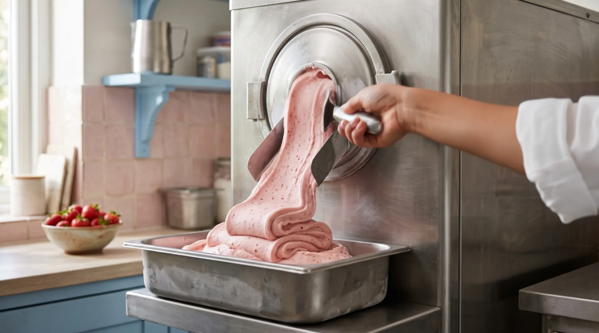 A steel churning machine pushes out strawberry ice cream; a hand with a spatula takes it down into a steel tub