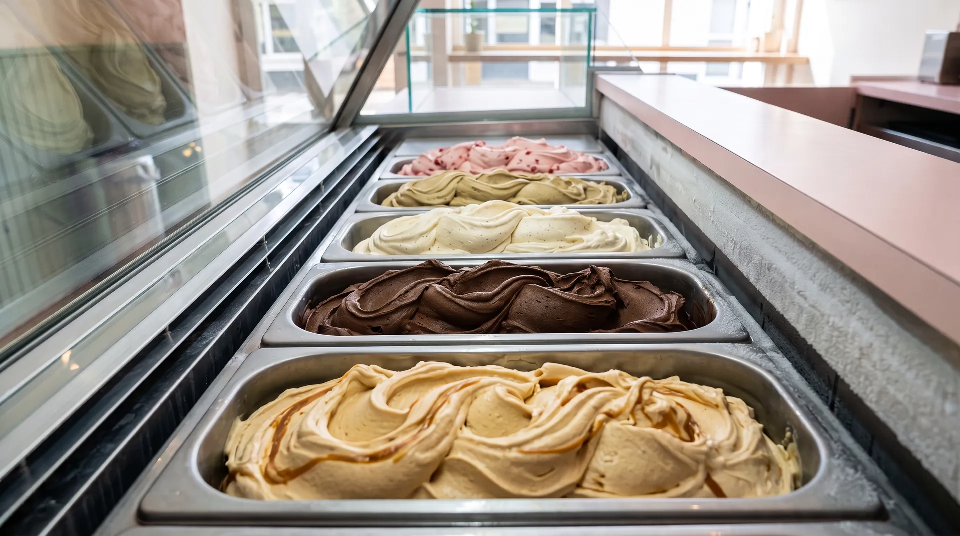 Five steel tubs of ice cream in a row in a glass display case: salted caramel, chocolate, vanilla, pistachio and strawberry