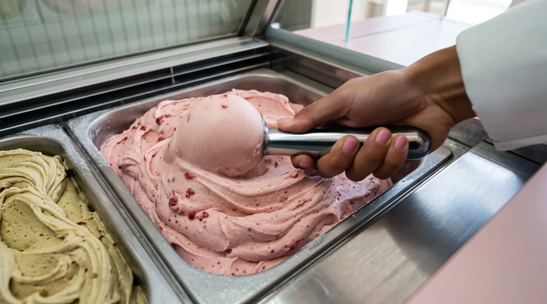 A hand rolls a ball of strawberry ice cream out of the tub with a steel scoop